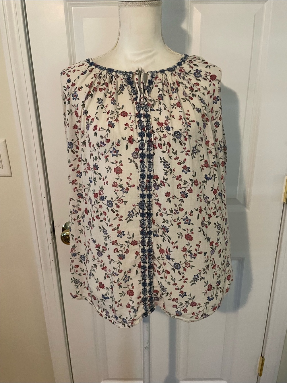 Chaps Cream Floral Peasant Blouse with Blue & Red Trim